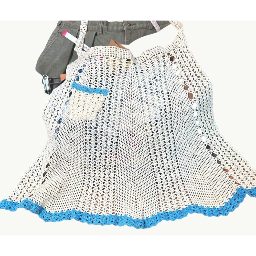 CCC Handmade Crochet Lace Apron Pocket Blue Trim Vintage One Size Fits Most - Picture 2 of 5
